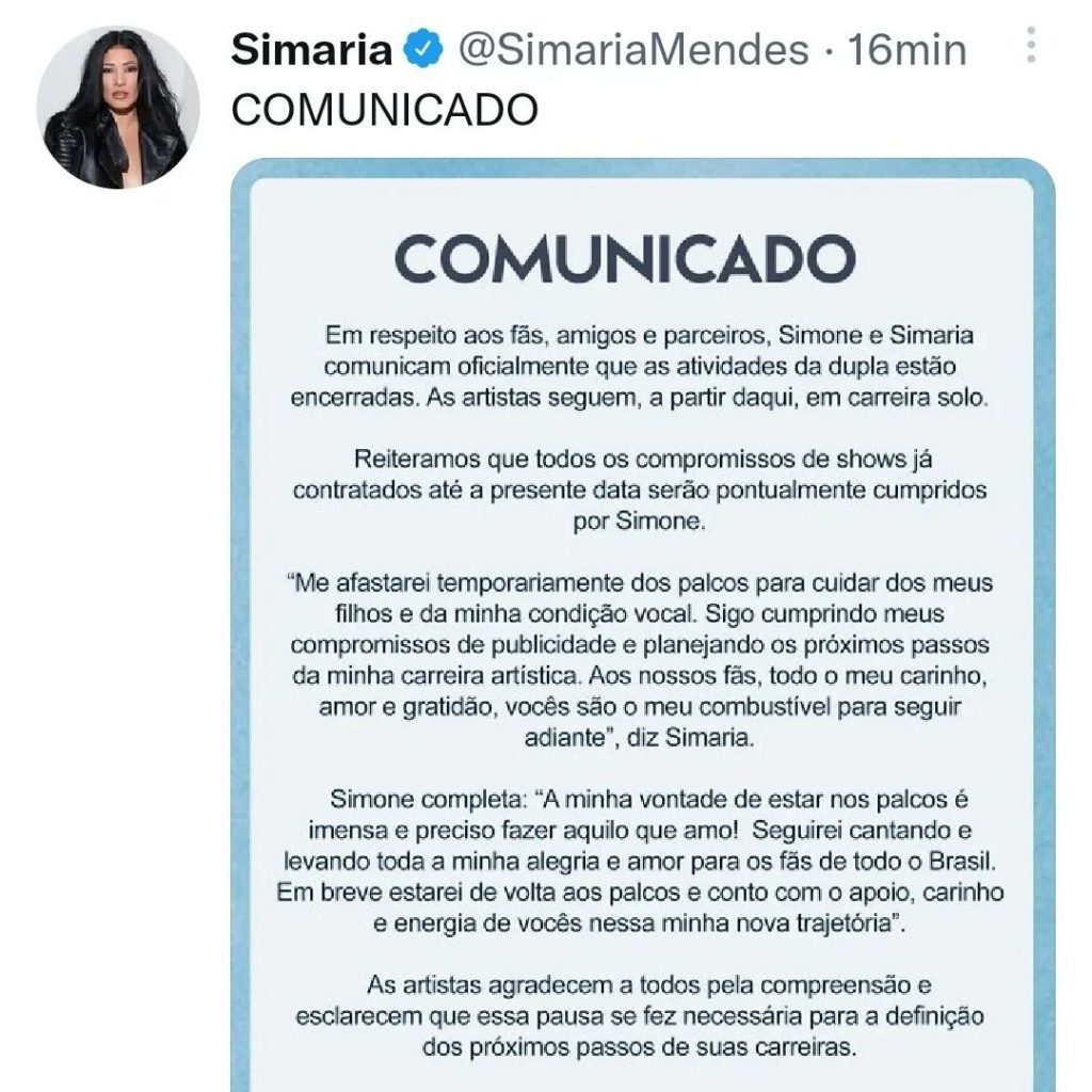 SIMONE E SIMARIA COMUNICAM OFICIALMENTE O FIM DA DUPLA, TV São Bernardo - Notícias de São Bernardo do Campo - TVSBC