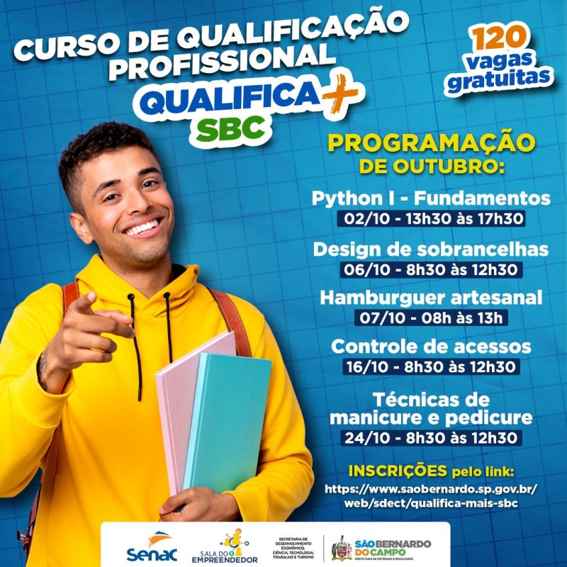 CURSOS GRATUITOS EM OUTUBRO: 120 VAGAS DISPONÍVEIS PELO PROGRAMA QUALIFICA MAIS SBC E SENAC!