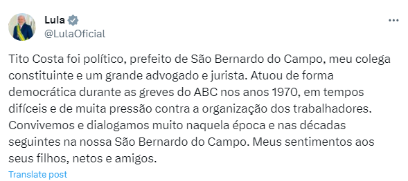 LULA LAMENTA MORTE DE EX-PREFEITO DE SÃO BERNARDO DO CAMPO, TITO COSTA