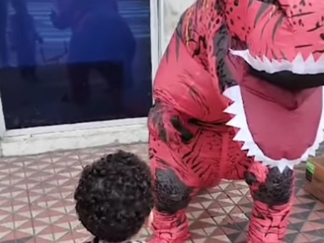 MÃE AGRADECE ANIMADOR VESTIDO DE DINOSSAURO POR ALEGRAR SEU FILHO AUTISTA EM FRENTE À ESTAÇÃO DE SANTO ANDRÉ