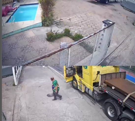 DE ROUPA E TUDO: CAMINHONEIRO PULA EM PISCINA DE LOJA PARA SE REFRESCAR NO LITORAL DE SP