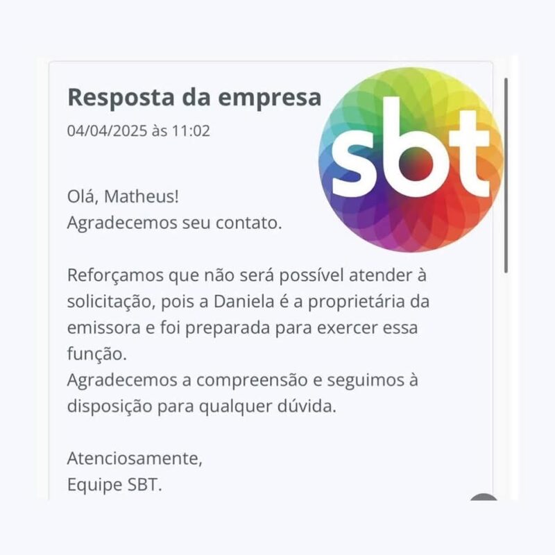 HOMEM PEDE NO RECLAME AQUI A DEMISSÃO DA FILHA DE SILVIO SANTOS E SBT RESPONDE: “NÃO SERÁ POSSÍVEL”