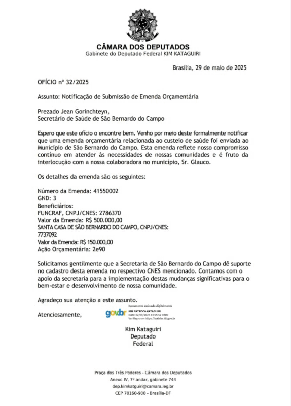 KIM KATAGUIRI DESTINA RECURSOS PARA SANTA CASA E FUNCRAF EM SÃO BERNARDO
