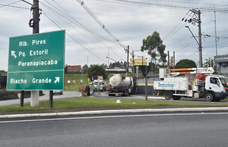 VEÍCULO TANQUE INVADE CONTRAMÃO, DERRUBA POSTE E BATE NO MURO DA BASE DA POLÍCIA RODOVIÁRIA NO RIACHO GRANDE