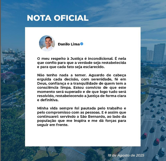 DANILO LIMA PUBLICA NOTA OFICIAL