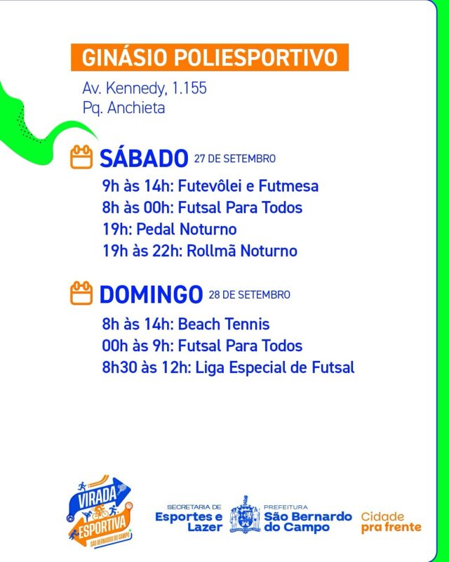 SÃO BERNARDO TERÁ 1ª VIRADA ESPORTIVA NOS DIAS 27 E 28 DE SETEMBRO COM MAIS DE 70 ATIVIDADES EM 30 MODALIDADES GRATUITAS