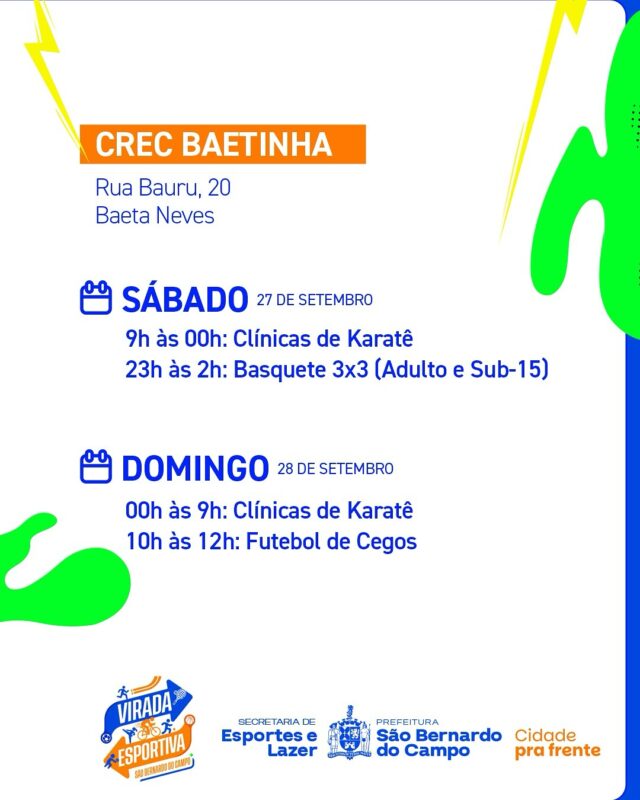 SÃO BERNARDO TERÁ 1ª VIRADA ESPORTIVA NOS DIAS 27 E 28 DE SETEMBRO COM MAIS DE 70 ATIVIDADES EM 30 MODALIDADES GRATUITAS