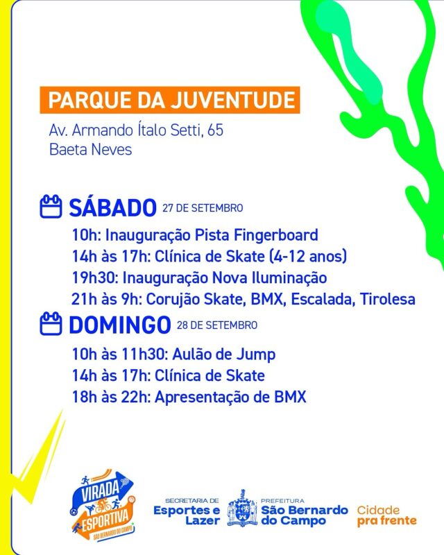 SÃO BERNARDO TERÁ 1ª VIRADA ESPORTIVA NOS DIAS 27 E 28 DE SETEMBRO COM MAIS DE 70 ATIVIDADES EM 30 MODALIDADES GRATUITAS