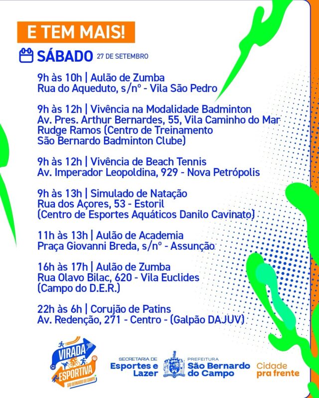 SÃO BERNARDO TERÁ 1ª VIRADA ESPORTIVA NOS DIAS 27 E 28 DE SETEMBRO COM MAIS DE 70 ATIVIDADES EM 30 MODALIDADES GRATUITAS