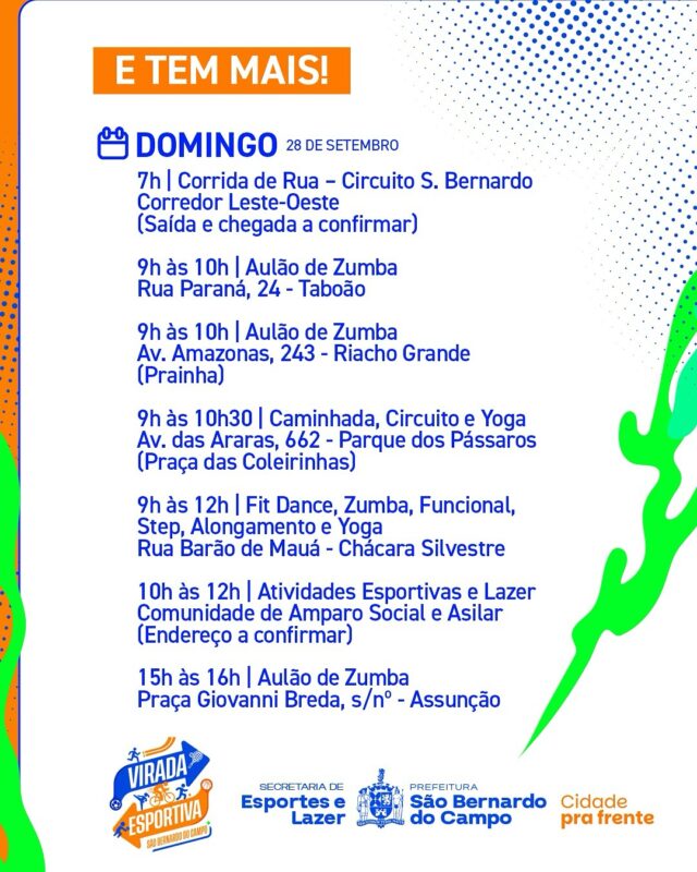 SÃO BERNARDO TERÁ 1ª VIRADA ESPORTIVA NOS DIAS 27 E 28 DE SETEMBRO COM MAIS DE 70 ATIVIDADES EM 30 MODALIDADES GRATUITAS