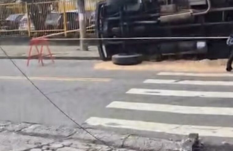 CAMINHÃO TOMBA E DERRUBA POSTE NA ESTRADA SADAE TAKAGI, NO COOPERATIVA