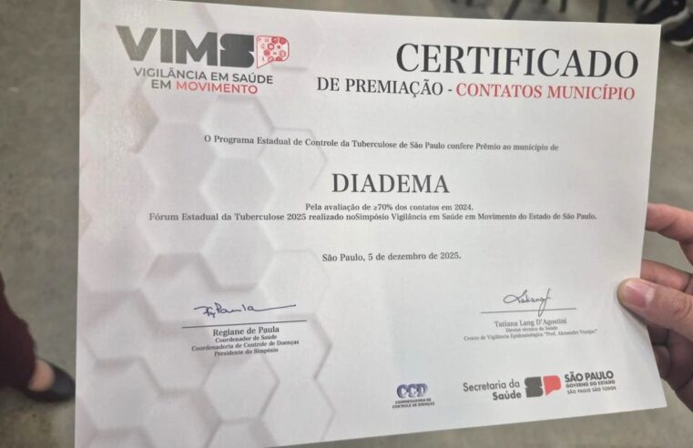 DIADEMA RECEBE PRÊMIO POR AÇÕES DE CONTROLE DA TUBERCULOSE