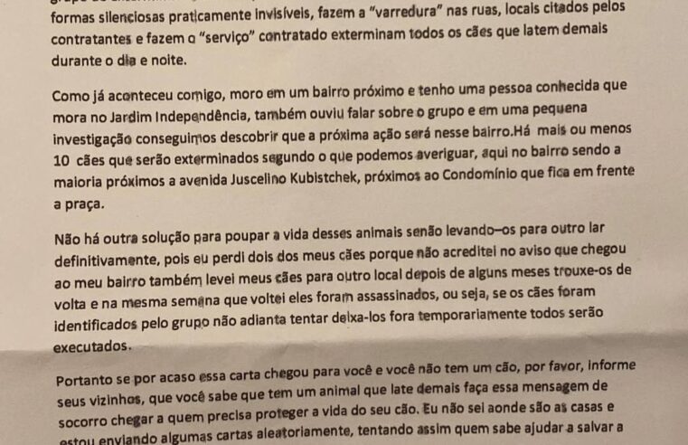 MORADORA DO ALVES DIAS RECEBE CARTA AMEAÇADORA SOBRE EXTERMÍNIO DE CÃES E PEDE AJUDA PARA ALERTAR VIZINHOS