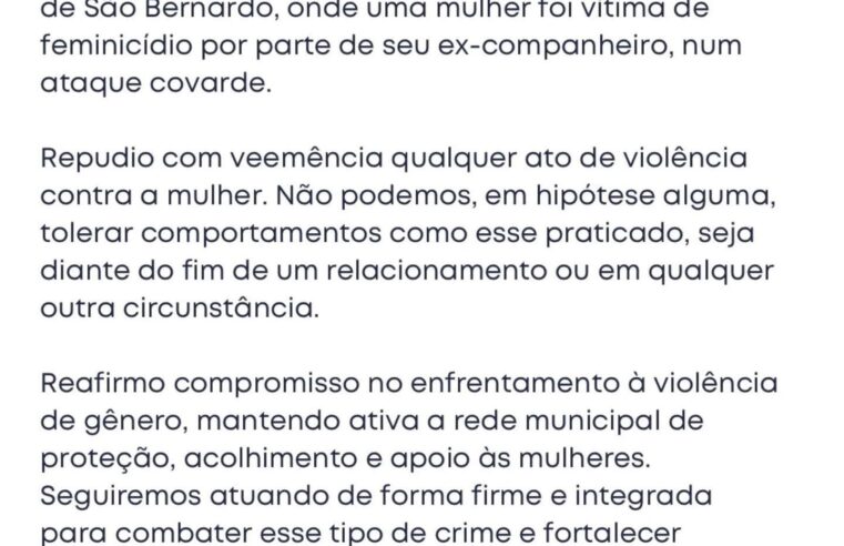 PREFEITO EMITE NOTA SOBRE FEMINICÍDIO NO GOLDEN