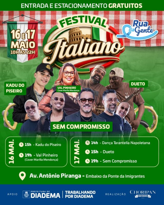 DIADEMA RECEBE FESTIVAL ITALIANO COM GASTRONOMIA E M&Uacute;SICA NESTE FIM DE SEMANA