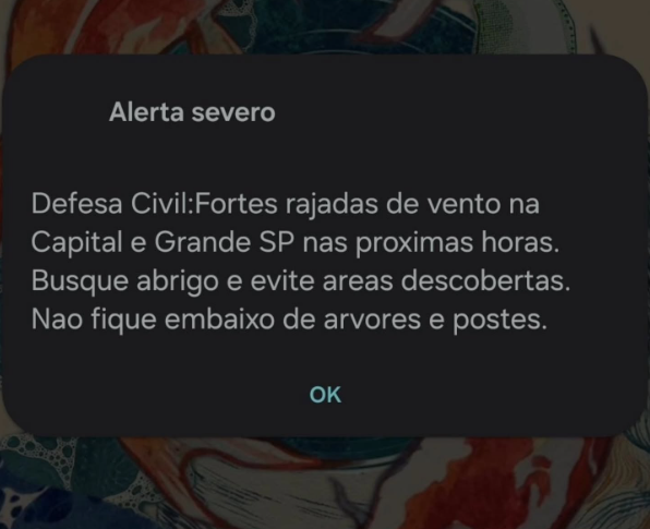 DEFESA CIVIL EMITE ALERTA PARA CELULARES DO ABC E GRANDE SÃO PAULO POR FORTES RAJADAS DE VENTO