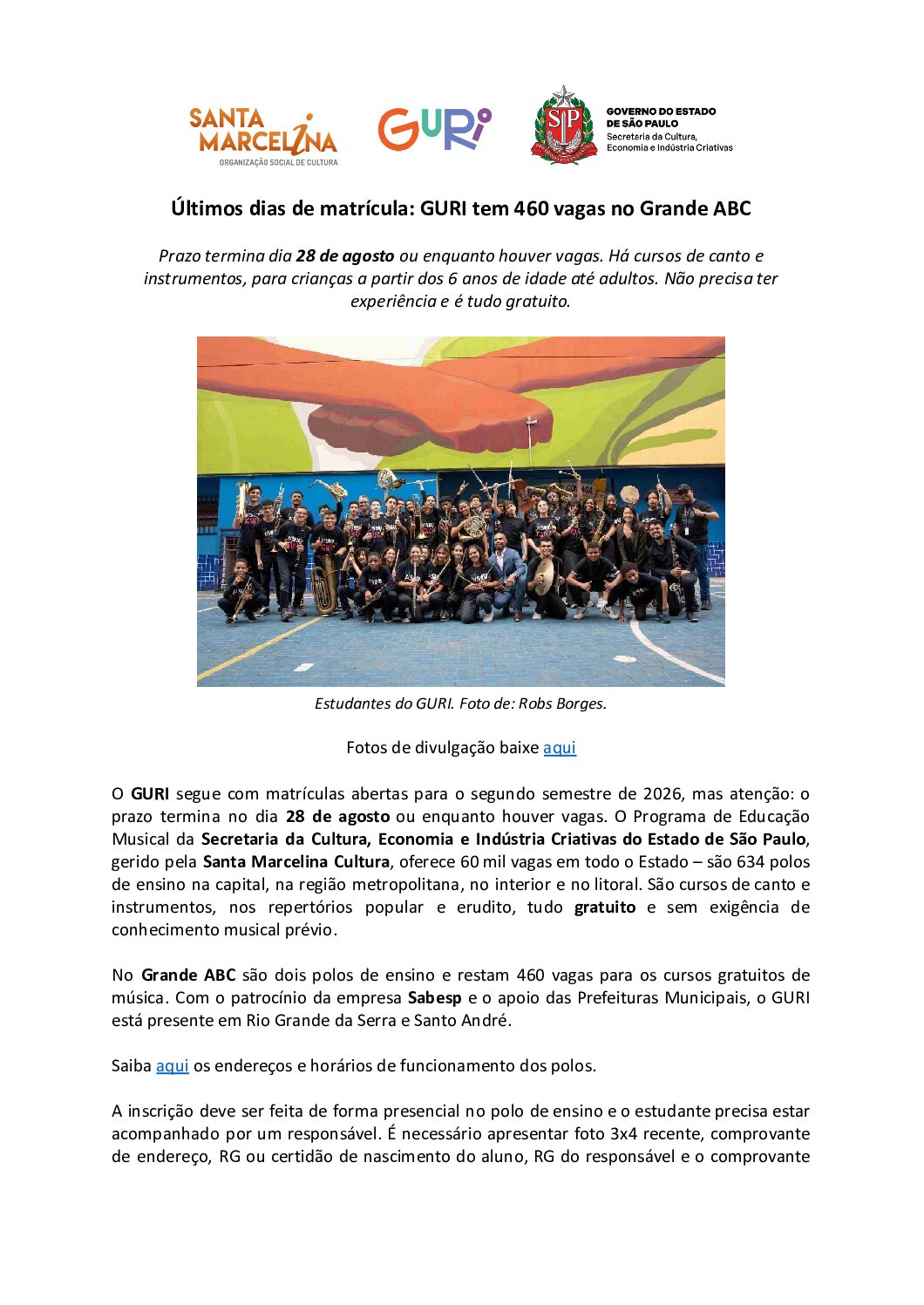 ÚLTIMOS DIAS DE MATRÍCULA: GURI TEM 460 VAGAS NO GRANDE ABC